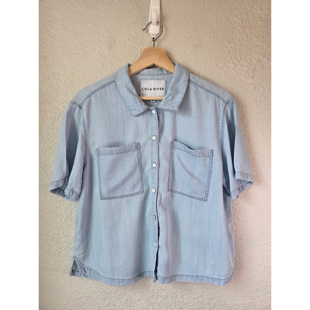 Lola River Tencel Chambray Button Up Shirt Blue Short Sleeve M